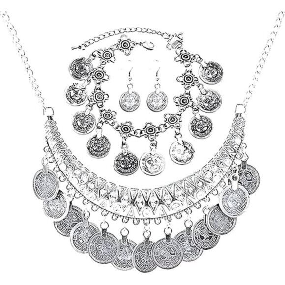 3PC Bohemian Coin Necklace Bracelet Earrings Set Gypsy Women's Jewelry - Picture 4 of 4